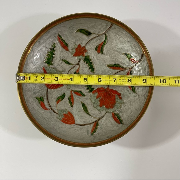 Vintage Hand Painted Enamel & Brass Decorative Bowl Cream Orange Green 9.5” - Picture 9 of 9